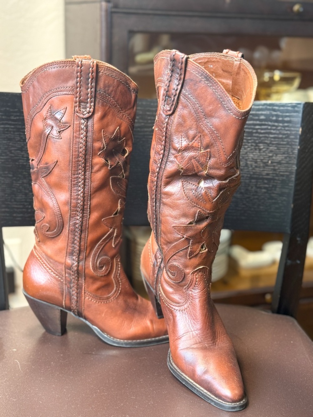 Santa Fe Brown Embroidered Star Cutout Western Leather Boots Size 7M